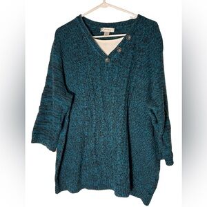 CJ Banks Teal V-Neck Sweater with Button Accents